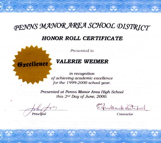 Val's Honor Roll Certificate 1999 to 2000