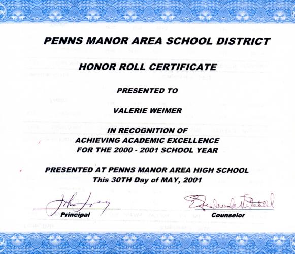 Val's Honor Roll Certificate 2000 to 2001