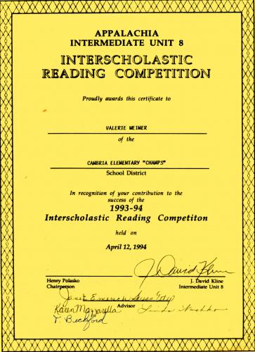 Val's Reading Competiton Certificate